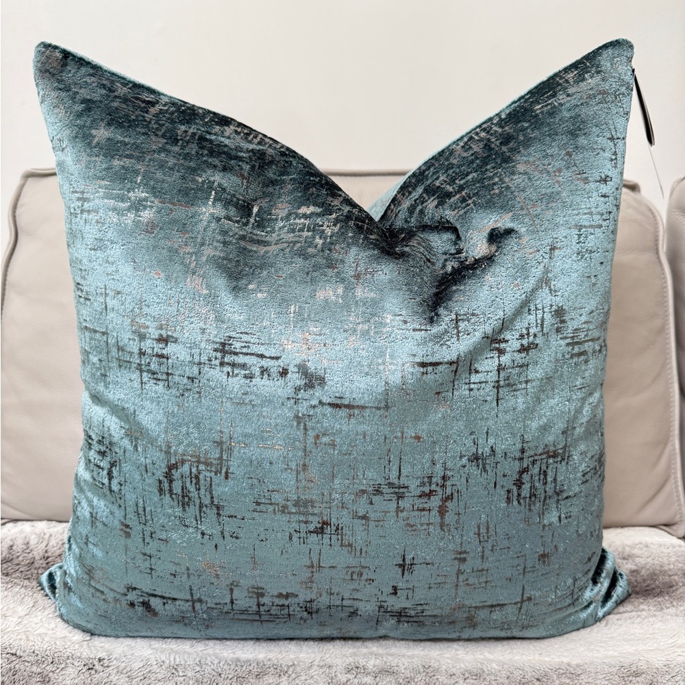 Soho Studio 23x23 Blue Teal Silver Metallic Foil Pattern Velvet Decor Pillow